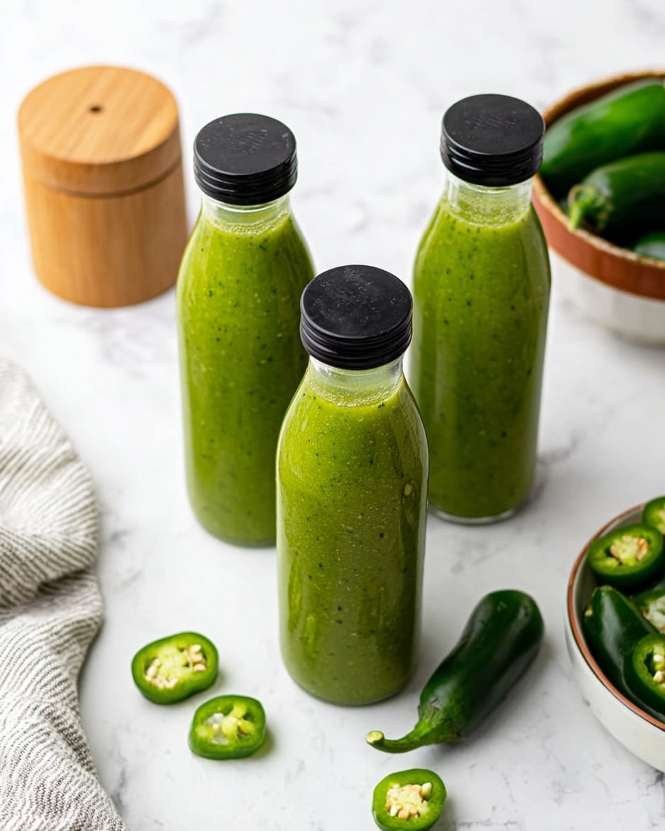 A close-up image showing green sauce being poured from a clear glass bottle into a small white ramekin. The sauce is thick and smooth with a few small darker specks, forming a small splash as it hits the surface inside the ramekin. Around the ramekin, there are whole and halved jalapeño peppers with a shiny, dark green skin and visible seeds inside the cut pieces. Behind, there is a wooden spice container with a lid resting on it on top of a white marbled surface. A woman's hand holds the glass bottle at the top right corner of the image. photo taken with an iphone --ar 4:5 --v 7