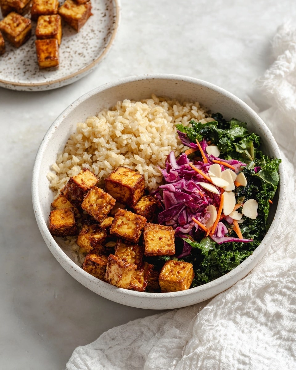 Small square pieces of fried tempeh with a crispy, golden-brown texture are piled on a white speckled plate with a light brown rim. Each piece shows a slightly rough surface with visible soybeans making up the tempeh. The plate sits on a white marbled surface, and the photo is taken closely to show the crunchy details of the tempeh pieces. photo taken with an iphone --ar 4:5 --v 7