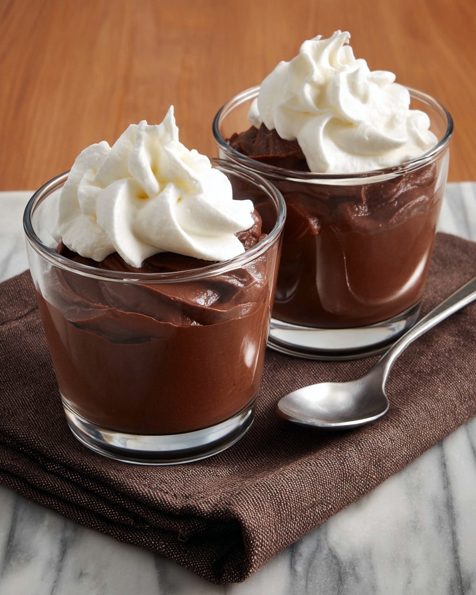 A clear glass dessert cup with a short stem is filled to the brim with thick, smooth, shiny chocolate pudding that has soft waves on its surface. A silver spoon rests inside the cup on the right side, partially submerged in the pudding. The cup sits on a dark brown textured cloth, with a dark brown napkin folded in the background, along with some green and purple grapes and a dark wooden box. The setting is on a white marbled surface. photo taken with an iphone --ar 4:5 --v 7