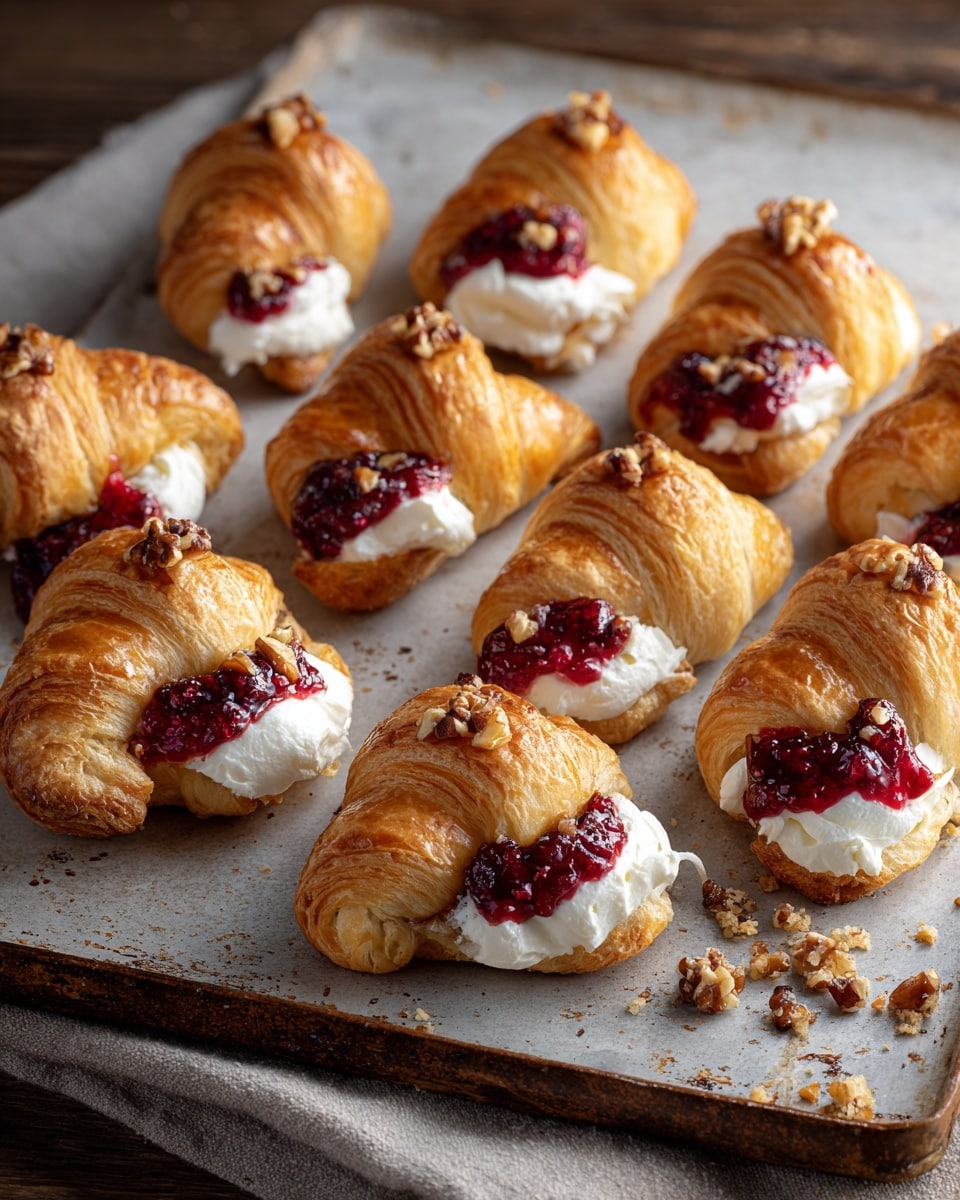 A rusty baking tray holds ten small golden-brown croissants neatly arranged, each topped with a dollop of white cream and a spoonful of bright red berry jam, sprinkled with small pieces of chopped nuts. The croissants have a flaky, crispy texture with visible layers, and the jam adds a glossy, slightly chunky contrast. The tray is set on a soft gray linen cloth over a white marbled surface. Photo taken with an iphone --ar 4:5 --v 7