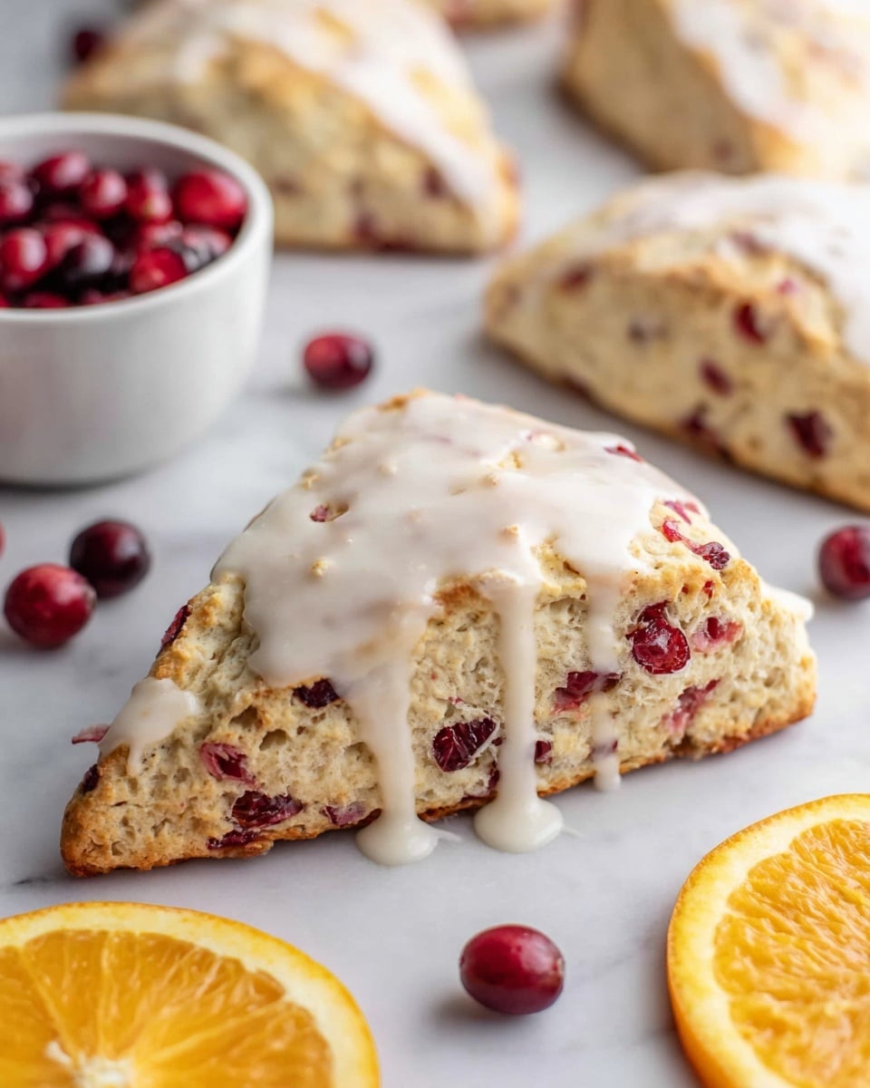 The image shows a close-up of a thick triangular scone with visible red cranberry pieces mixed inside the light beige dough. The scone is topped with a smooth, white glaze that drips slightly over the edges. Around the main scone, there are several more scones in the background with the same glaze and cranberries, all placed on a white marbled surface. On the left side, a small white bowl filled with whole red cranberries is partially visible, along with a few scattered cranberries on the surface. In the bottom left corner, two bright orange slices add a pop of color to the scene. photo taken with an iphone --ar 4:5 --v 7