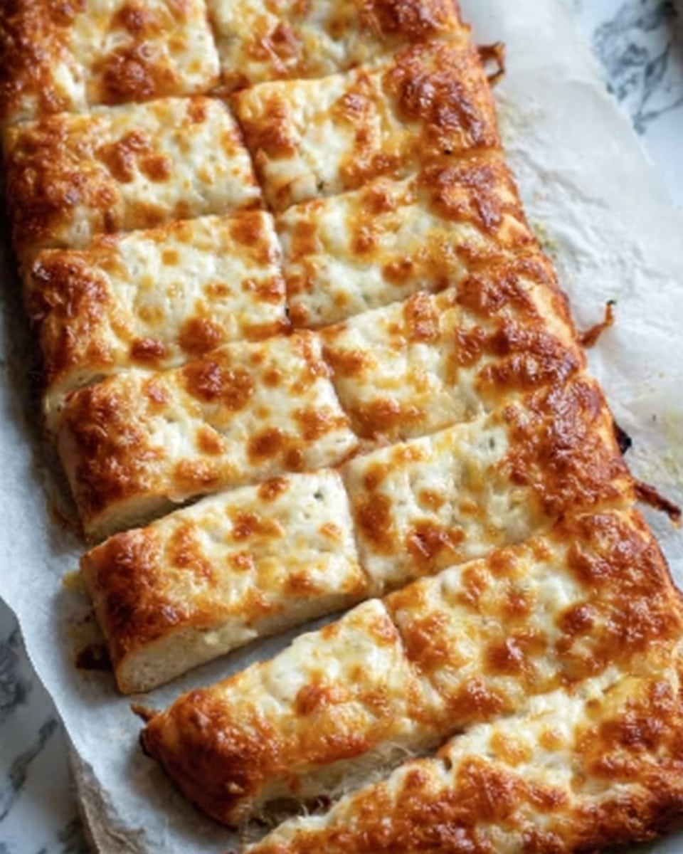 A long rectangular pizza slice with a golden-brown crust, topped evenly with melted cheese that is slightly browned in spots, resting on white baking paper over a white marbled surface. The cheese layer is thick and bubbly, with a smooth texture that shows small air pockets, and beneath it, the crust is soft but firm, slightly puffed and light brown, visible along the edges. The pizza is cut into rectangular pieces, showing clean, straight edges that reveal the soft middle inside the crust. photo taken with an iphone --ar 4:5 --v 7