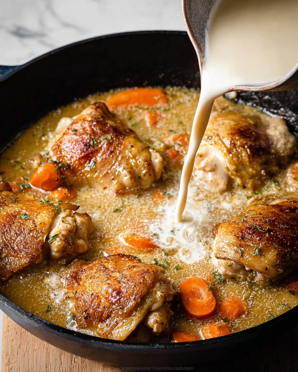 A close-up of a black cast iron skillet filled with golden brown chicken pieces sitting in a creamy white sauce. The chicken has a crispy texture on top, with visible skin, and is partially covered by the thick sauce. Orange carrot slices and small green sprigs of herbs are scattered around the chicken, blending into the sauce. A silver spoon drizzles the cream sauce over one piece of chicken from the top left corner. The whole scene is set on a white marbled surface. photo taken with an iphone --ar 4:5 --v 7