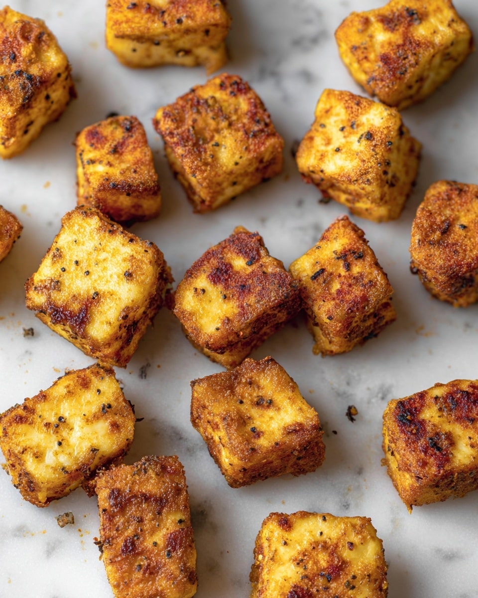 The image shows several small, golden-brown fried cubes of paneer, each with a crispy, textured outer layer that is slightly uneven and speckled with visible black pepper and spices. The cubes are placed in a scattered pattern on a white marbled surface, with the batter crisp and crunchy in appearance, showcasing a mix of darker and lighter brown spots that highlight the fried texture. Some cubes have more rounded edges while others are more square and sharp. The overall look is warm, crunchy, and inviting. Photo taken with an iphone --ar 4:5 --v 7