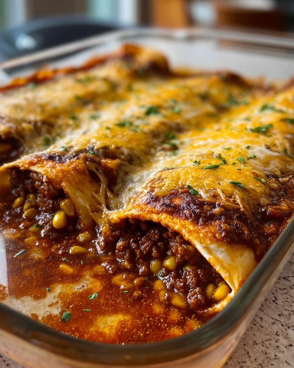 Two enchiladas are placed side by side on a white plate, covered in a thick layer of rich, dark red sauce that spills slightly over the edges. The top is generously sprinkled with melted cheese, showing a mix of white and light golden yellow colors, with some parts browned and bubbly from baking. The tortillas beneath are lightly toasted with a few browned spots visible, and hints of fillings like black beans can be seen peeking out from the edges. The scene is set on a white marbled textured surface with natural sunlight casting soft shadows. Photo taken with an iphone --ar 4:5 --v 7