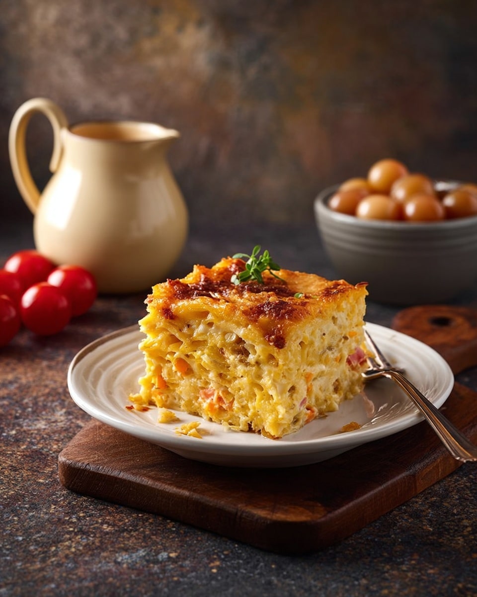 A thick square piece of baked pasta sits in the center of a white plate, showing three layers with a creamy yellow texture mixed with small bits of orange and pink ingredients, topped with a golden brown, crispy layer of melted cheese garnished with a small green herb. The plate is on a brown cutting board placed on a dark, textured surface. In the background, there is a beige pitcher with a white rim on the left and a gray bowl filled with light brown cherry tomatoes on the right. A fork rests on the left side of the plate. Photo taken with an iphone --ar 4:5 --v 7