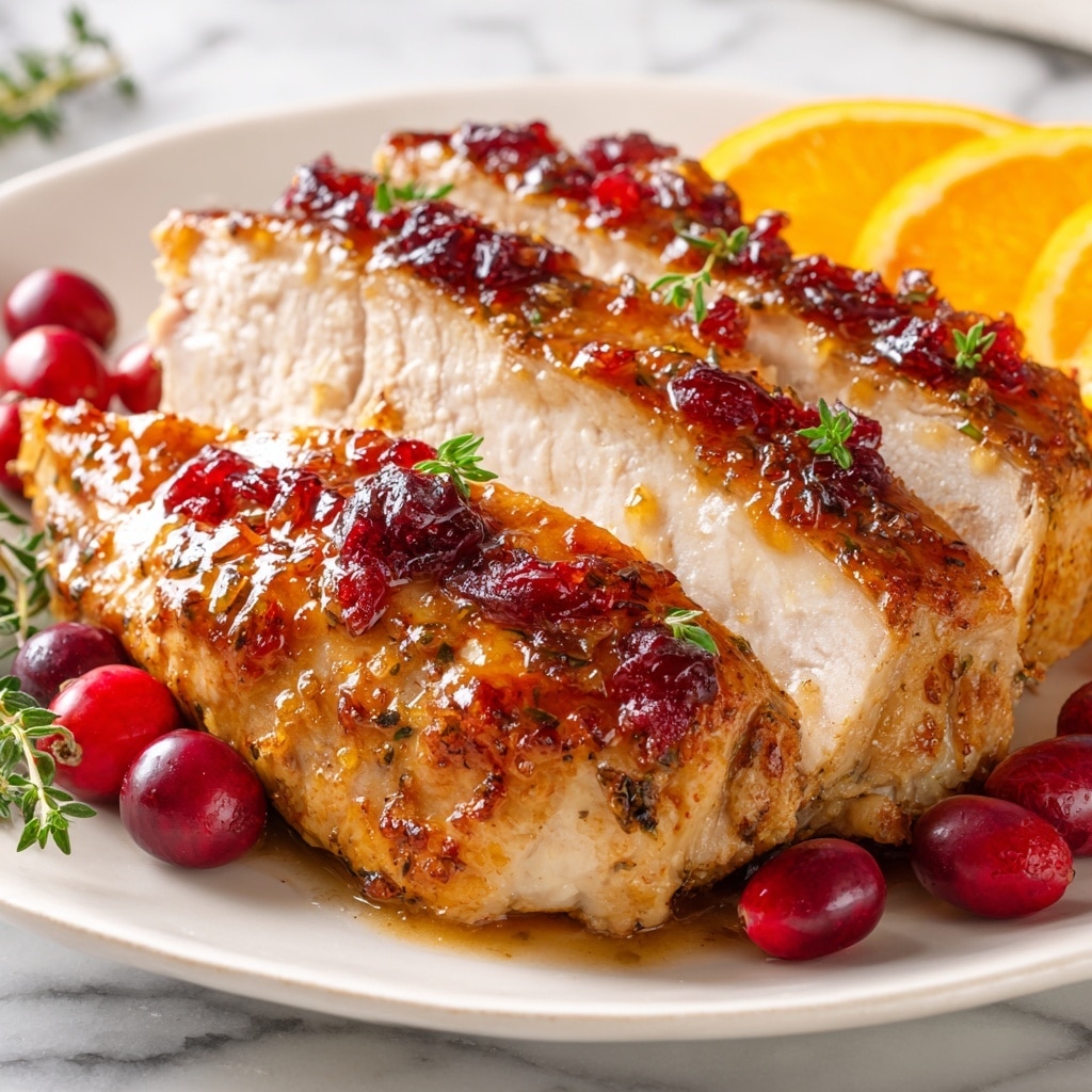 A white scalloped platter holds a sliced, glazed turkey breast with a shiny, amber-brown sauce speckled with red cranberries on top. The turkey is cut into about seven thick layers with the moist white meat visible inside. Around the turkey, there are bright orange slices and whole cranberries placed decoratively. Fresh green thyme sprigs are arranged on the platter nestled among the fruit. The platter is set on a table with a white marbled texture surface, and a lit candle is visible in the background. photo taken with an iphone --ar 4:5 --v 7
