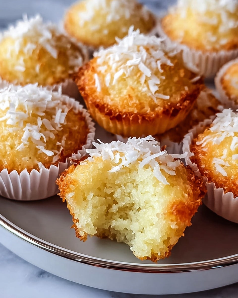 A close-up view of several small coconut cakes placed on a round white plate with a shiny rim, on a white marbled surface. Each cake has one thick layer with a golden-brown crispy edge and a soft, light yellow inside texture. They are topped with white shredded coconut pieces scattered on top. One cake in the front is broken open, showing its fluffy, moist inside with airy crumbs. The cakes sit inside white paper cupcake liners. Photo taken with an iphone --ar 4:5 --v 7