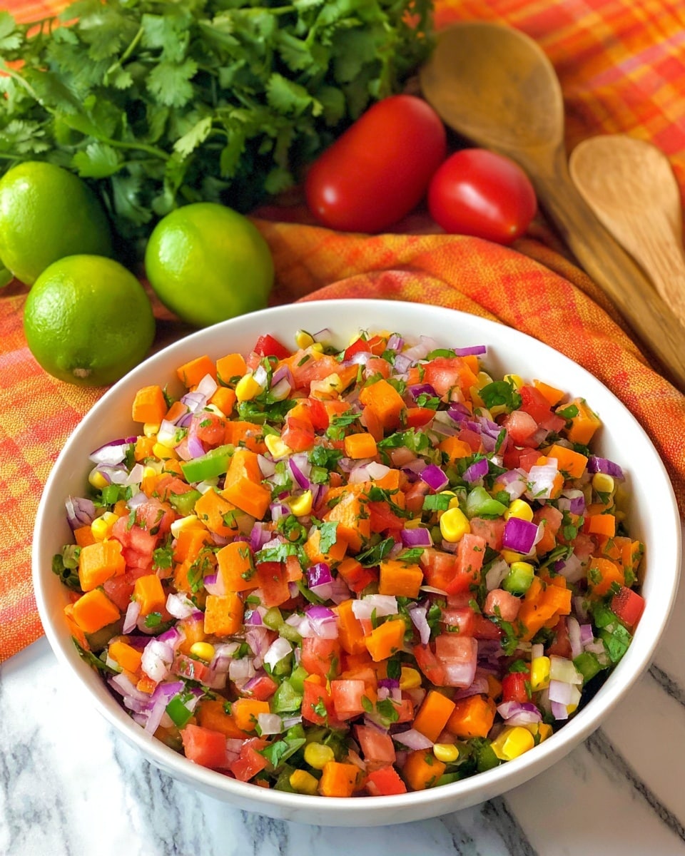 A white bowl full of colorful chopped salad sits on a white marbled surface, consisting of bright orange carrot cubes, red tomato pieces, green bell pepper chunks, purple onion bits, yellow corn kernels, and green herbs mixed evenly throughout. The salad ingredients are finely diced into small, uniform pieces creating a vibrant, fresh mix with varied textures from soft tomatoes to crisp bell peppers and onions. In the background, there are two bright green limes, a bunch of leafy cilantro, a few whole tomatoes, and a wooden spoon resting, all on a checkered orange cloth. photo taken with an iphone --ar 4:5 --v 7