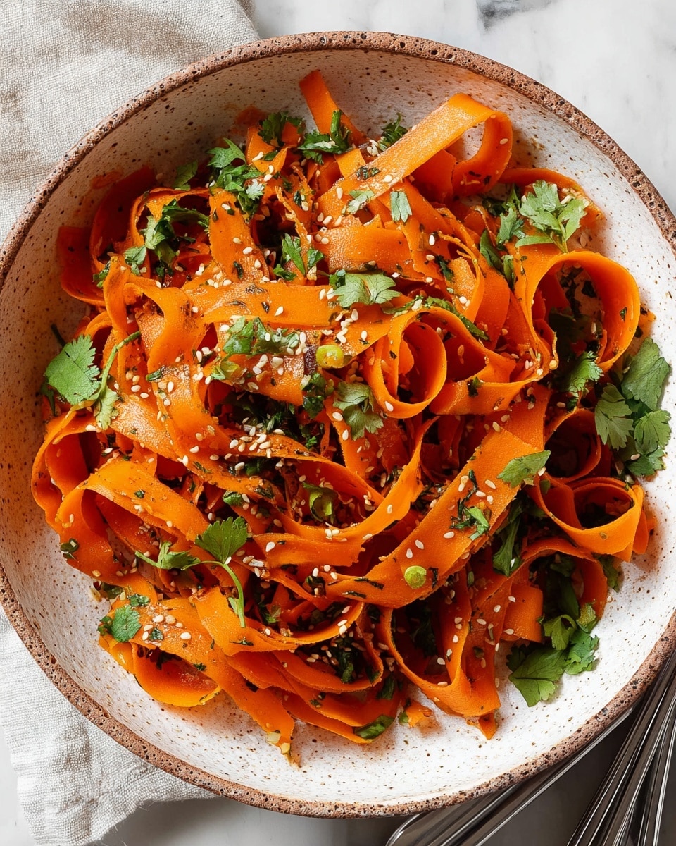 A white speckled bowl filled with thin, curled bright orange carrot ribbons, layered loosely and mixed with small pieces of green cilantro leaves scattered throughout. The carrot ribbons have a shiny, fresh texture, and the dish is sprinkled with tiny white and black sesame seeds, adding contrast. The bowl sits on a white marbled surface, and there is a light cloth partially visible near the top left and two silver forks on the right side. photo taken with an iphone --ar 4:5 --v 7