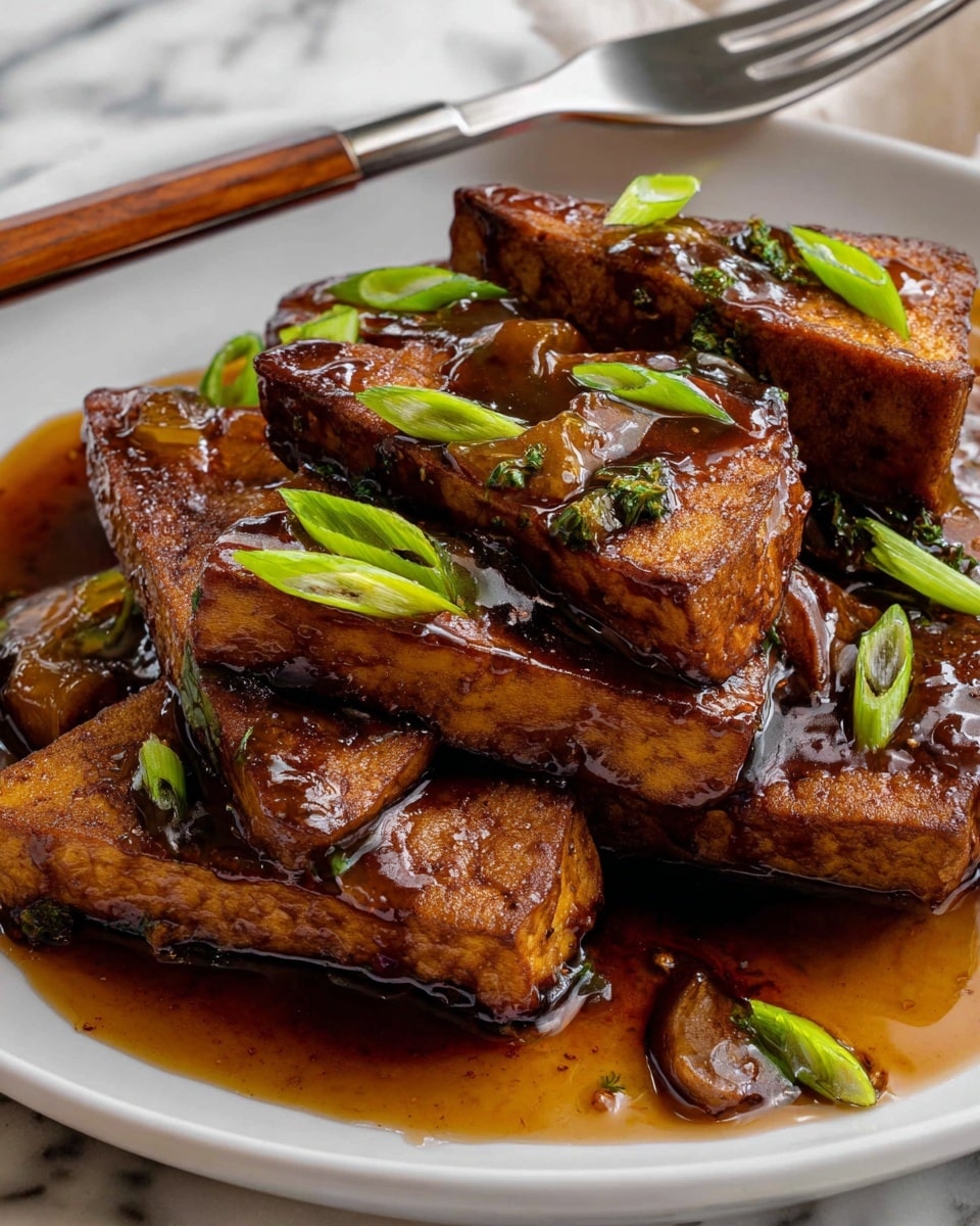 The image shows a white rectangular baking dish filled with triangular pieces of tofu arranged close together in one layer, partially submerged in a reddish-brown sauce with a glossy texture. Scattered on top of the tofu and floating in the sauce are small green onion slices and bits of minced garlic, adding a fresh touch and texture contrast. The tofu itself is pale with a slightly speckled surface, while the sauce has an oily sheen and looks flavorful. The dish is placed on a white marbled surface. photo taken with an iphone --ar 4:5 --v 7