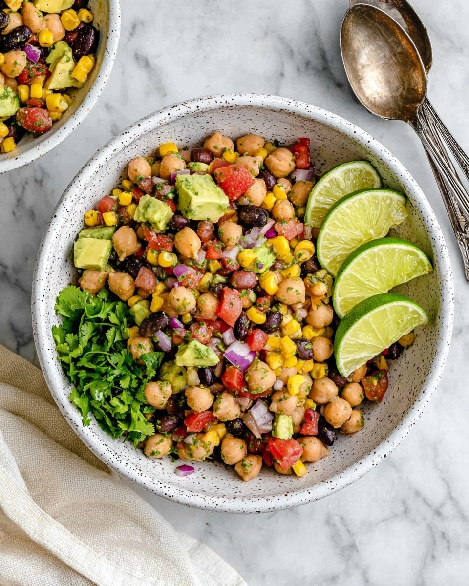 The image shows a white speckled bowl filled with a colorful bean salad made of multiple layers, including tan chickpeas, light brown pinto beans, black beans, yellow corn, red diced tomatoes, small purple onion pieces, and pale green avocado chunks. The salad is mixed with chopped green herbs and is garnished with a small bunch of green cilantro on one side of the bowl. On the opposite side of the cilantro, there are three lime wedges placed vertically. The bowl sits on a white marbled surface next to a cream-colored cloth and two vintage silver spoons. Part of another similar bowl with the same salad is partially visible in the top left corner. Photo taken with an iphone --ar 4:5 --v 7