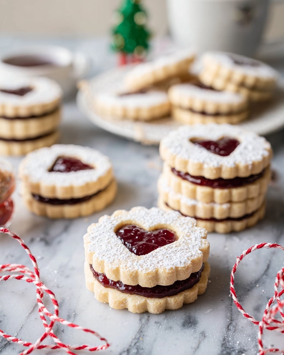 The image shows round sandwich cookies with scalloped edges, each having two light beige cookie layers dusted with white powdered sugar. The top layer of every cookie has a heart-shaped cutout revealing a glossy, deep red jam filling inside. The cookies are placed on a white marbled surface with a red and white string loosely arranged around some of them. In the background, several cookies rest on a white plate with a small green Christmas tree decoration, and a white cup with a spoon is partly visible. The overall scene has a cozy, festive feeling. photo taken with an iphone --ar 4:5 --v 7