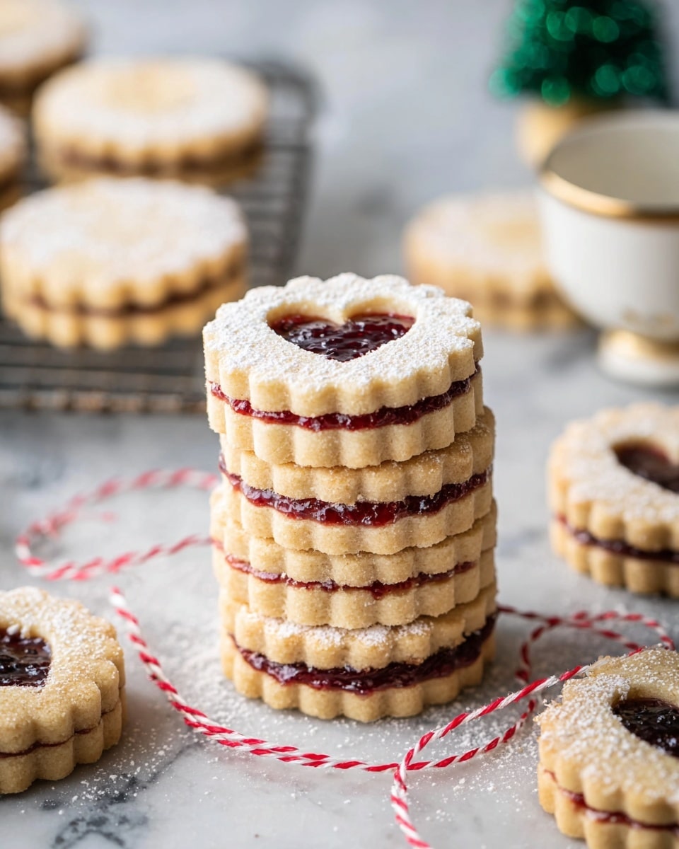 The image shows a stack of four round cookies with scalloped edges on a white marbled surface. Each cookie has two layers of golden-brown shortbread with a visible thin layer of red jam in the middle. The top cookie has a heart-shaped cutout filled with dark red jam and is lightly dusted with white powdered sugar. Around the stack, similar cookies lie flat, all with scalloped edges and heart-shaped cutouts filled with jam, dusted with powdered sugar. A red and white twisted string loosely loops around the cookies on the surface. In the background, more cookies are visible on a wire cooling rack and a white cup with a gold rim sits nearby. There is also a very blurred small green tree decoration. Photo taken with an iphone --ar 4:5 --v 7