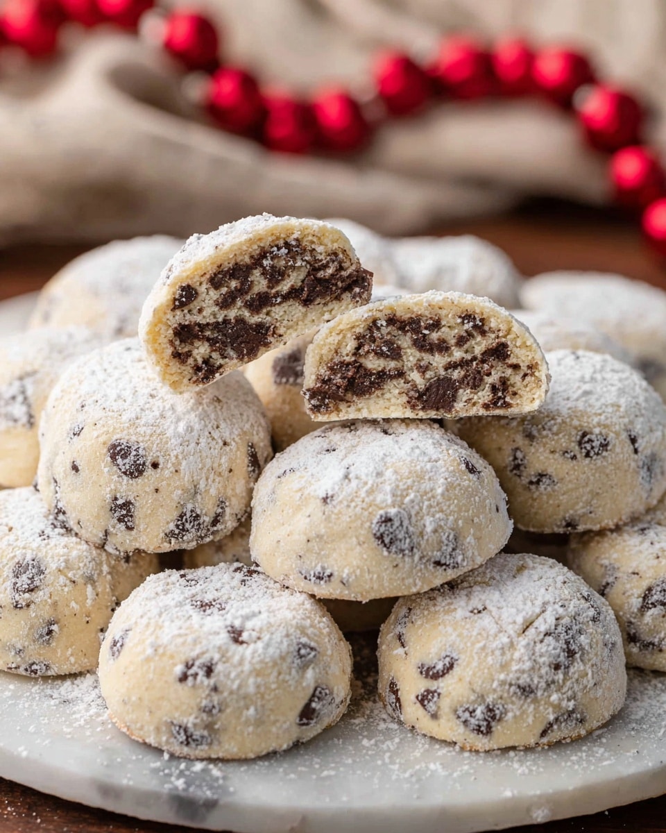 Close-up of seven round cookie dough balls on a dark textured baking tray with a pattern of starbursts. Each cookie dough ball is light beige with visible darker chocolate chips inside and has a dusting of white powdered sugar on top, creating a dusty, powdery texture. A woman's hand is gently lifting one cookie dough ball between the thumb and forefinger, showing the soft, slightly uneven surface of the dough. The scene has a rustic, homemade feel with the contrast between the dark tray and the pale cookie dough. Photo taken with an iphone --ar 4:5 --v 7