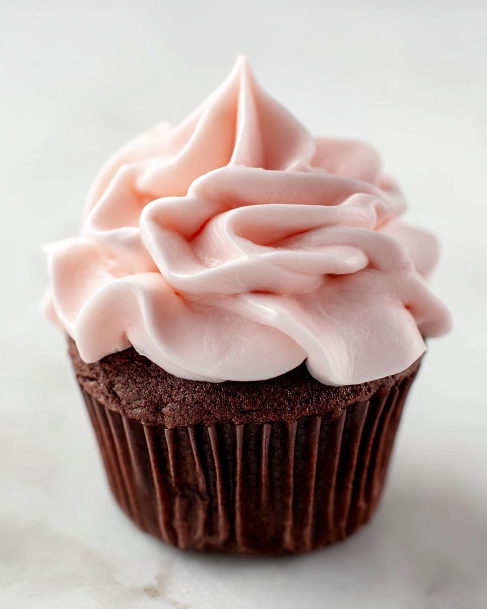 A close-up view of a single chocolate cupcake topped with a large swirl of pale pink, smooth and fluffy frosting that forms soft, wavy peaks and ridges, covering the entire top of the cupcake. The cupcake sits on a white marbled surface, and the rich brown color of the cupcake contrasts with the delicate pink frosting. The cupcake liner is dark brown with visible vertical ridges, holding the base of the cupcake firmly. The overall look is clean and bright with soft textures highlighted under natural light, photo taken with an iphone --ar 4:5 --v 7