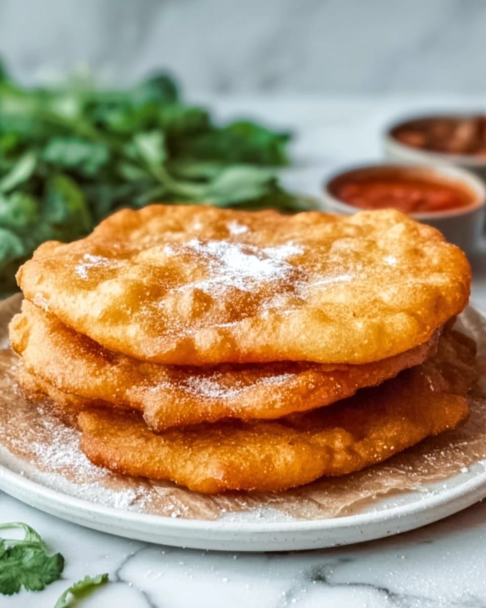 The image shows three golden brown fried flatbreads stacked on top of each other on a white marbled surface. The top flatbread has a light dusting of white powder, likely flour, on its center. The flatbreads have puffed, uneven surfaces with some darker crispy spots, showing their crunchy texture. In the blurred background, there are green leaves and a small bowl of red sauce. The overall look is warm and crispy. photo taken with an iphone --ar 4:5 --v 7