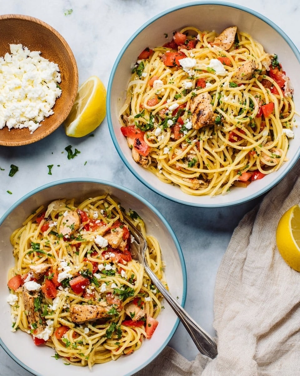 A white bowl filled with a single layer of light golden spaghetti, topped with chopped bright red tomatoes, small white crumbles of cheese, and scattered green herbs, with a lemon wedge placed on the right side inside the bowl. Another white bowl on the left side shows a similar pasta dish with a silver fork resting on the noodles. In the foreground, there is a small wooden bowl filled with white cheese crumbles. The background is a white marbled texture with a striped cloth beneath the main bowl. Photo taken with an iphone --ar 4:5 --v 7