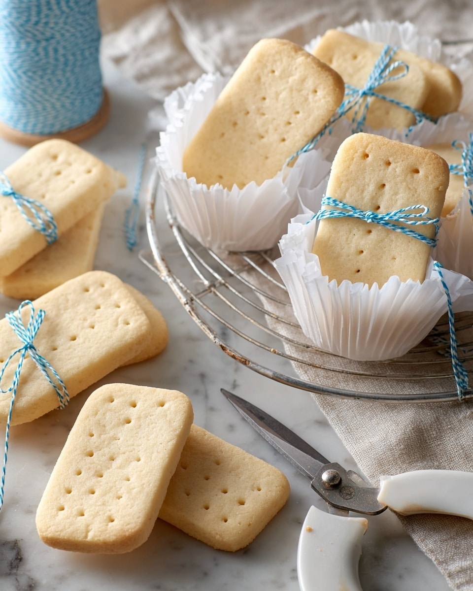 The image shows several shortbread cookies that are rectangular with rounded edges and small holes on top, arranged on a round metal cooling rack over a white marbled textured surface. Some cookies are stacked in pairs, tied with a light blue and white string, and placed inside white paper baking cups, while others lie loose on the rack. The shortbread has a pale golden color with a crumbly texture, and a few cookies have small bites taken from them. In the corner, there are silver kitchen scissors and a white cloth with tassels adding to the cozy setting. Photo taken with an iphone --ar 4:5 --v 7
