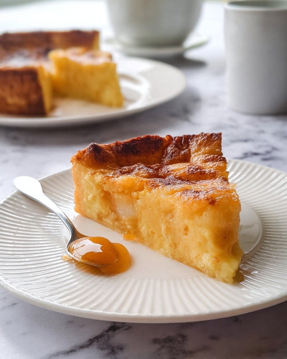 A thick slice of yellow baked custard pie with a golden-brown, slightly crispy top layer sits on a white plate with a ridged edge. The pie has a dense and creamy texture with visible pieces of soft fruit or cake embedded inside. Beside the slice, on the same plate, there is a small dollop of amber-colored sauce with a silver spoon resting next to it. In the background, slightly out of focus, there is another slice of the same pie on a plain white plate set on a white marbled surface, and part of a white cup is visible. The lighting is soft and natural, coming from a window behind the scene. photo taken with an iphone --ar 4:5 --v 7