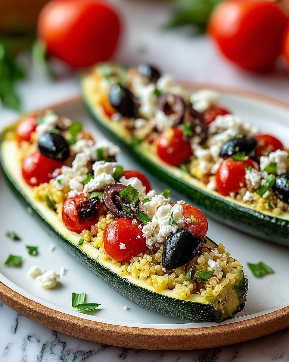 Two zucchini boats lie side by side on a wooden board, each hollowed out and filled with a colorful mixture. The base layer inside the zucchini is light green and soft, showing the cooked flesh of the zucchini. On top, there is a layer of small yellow corn kernels and round red and yellow cherry tomatoes that look roasted and shiny. Dark purple olives are scattered throughout, adding contrast. Crumbled white cheese is spread over the filling, and fresh chopped green herbs are sprinkled on top for a fresh look. Around the board, whole cherry tomatoes and a few green herb leaves are scattered on a white marbled textured surface. photo taken with an iphone --ar 4:5 --v 7