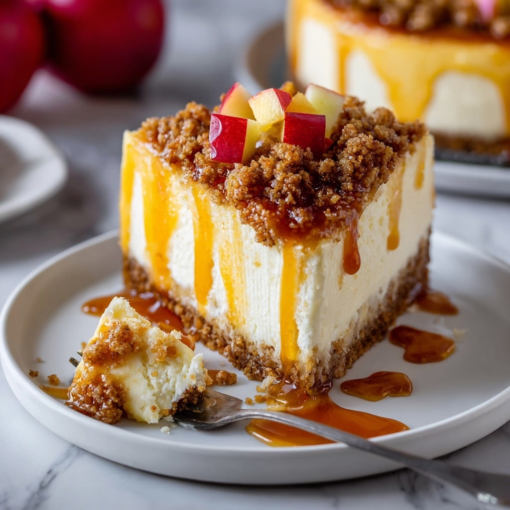 A thick slice of creamy white cheesecake sits on a white plate with brown crumb crust on the bottom layer. The cheesecake is topped with a chunky brown crumble and small pieces of red and yellow apple. Golden caramel sauce drips over the sides, pooling on the plate around the base. A fork in the foreground holds a bite-sized portion with crumb and creamy texture. The background shows a white marbled surface with a blurred red apple and dessert dish. Photo taken with an iphone --ar 4:5 --v 7