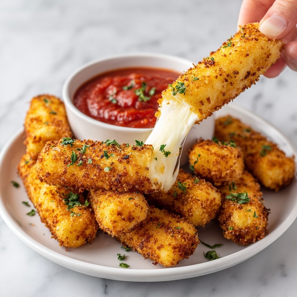 A white plate is filled with golden brown, crispy fried mozzarella sticks stacked in a small pile. One mozzarella stick is pulled apart by a woman's hand, showing melted, stretchy white cheese inside. The sticks have a crunchy texture with some small green parsley pieces sprinkled on top. Next to the pile is a small round bowl filled with smooth red marinara sauce. The plate is set on a white marbled surface. photo taken with an iphone --ar 4:5 --v 7