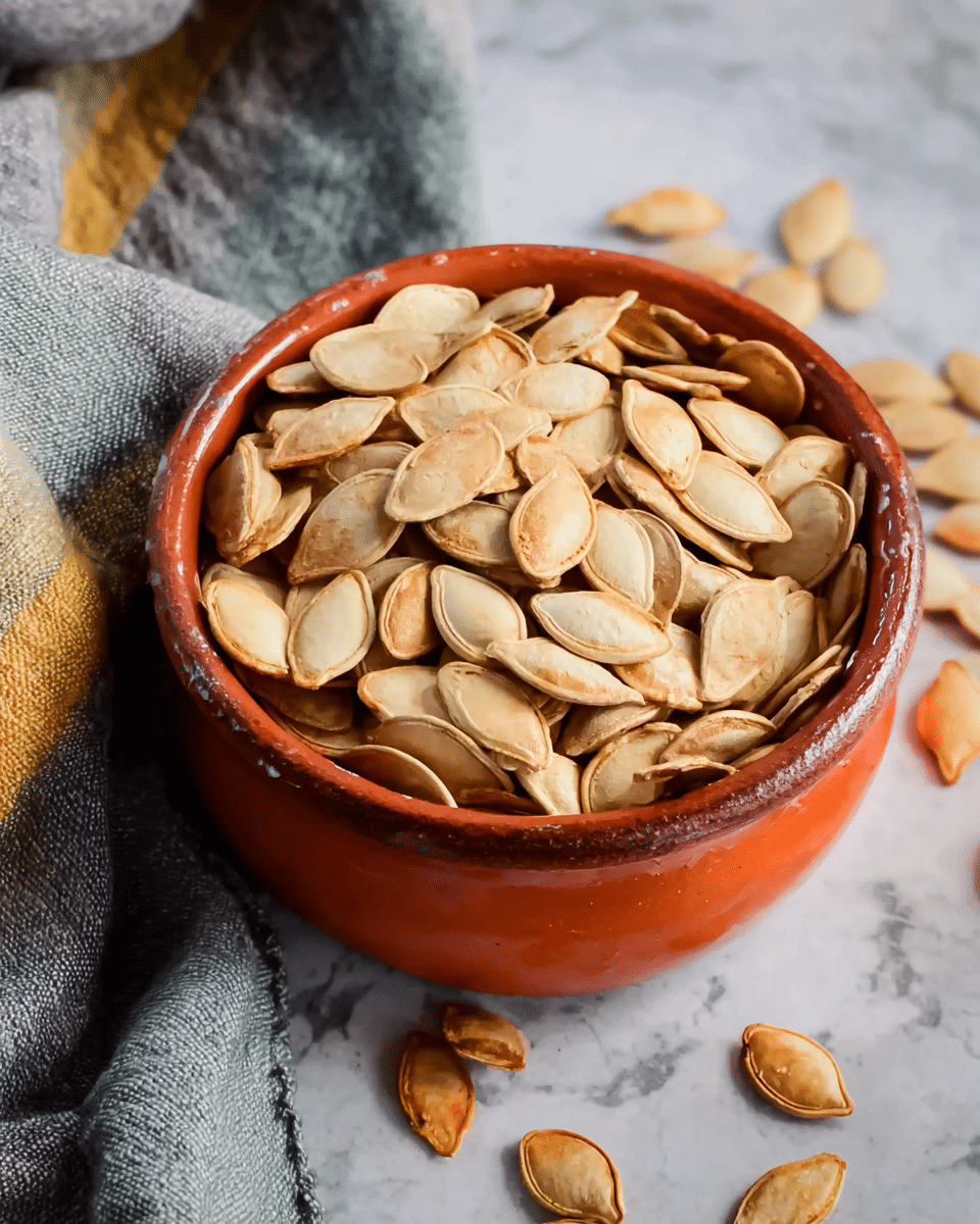 A baking tray with a white parchment paper holds a large amount of roasted pumpkin seeds spread out evenly. The seeds are light beige with some golden brown toasted edges indicating a slight crispiness from roasting. The tray edges are dark and worn, contrasting with the bright white parchment and the white marbled surface beneath. The pumpkin seeds' texture looks crunchy and dry, and they are scattered in a loose, natural pattern. Photo taken with an iphone --ar 4:5 --v 7