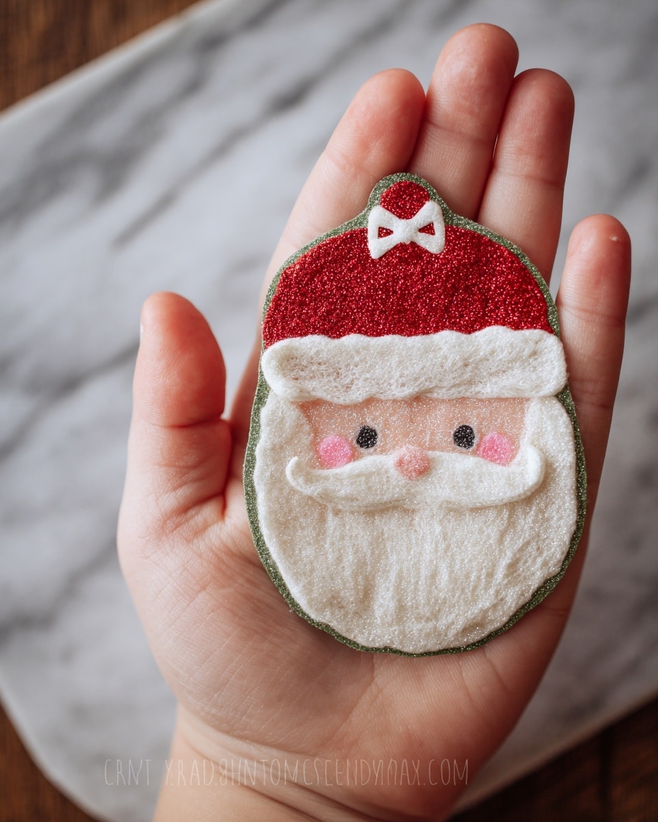 The image shows a small craft shaped like Santa’s face being held next to a child’s open hand on a white marbled surface. The craft has a red, glittery hat with a white band and a small bow on top. Below the hat is a simple face with two small black eyes, round pink cheeks, and a small smiling mouth. The beard is large and off-white with an uneven texture, giving it a handmade look. The craft is outlined with a dark green border, and the child’s hand is open beside it for size comparison. Photo taken with an iphone --ar 4:5 --v 7