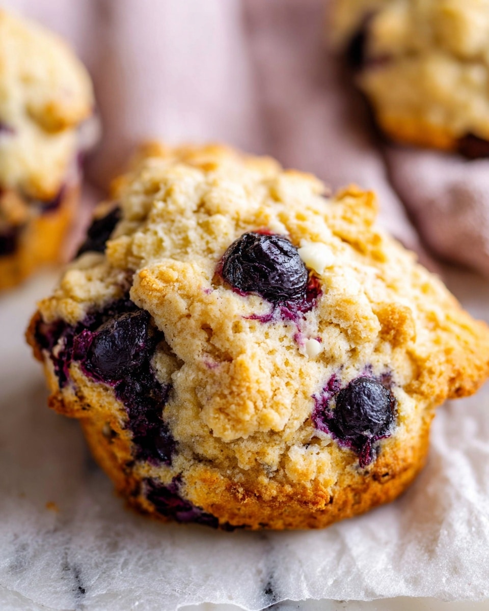 A close-up view of a muffin with a rough, crumbly texture and a golden-brown top, embedded with several plump, dark purple blueberries that add pops of color within the light beige muffin. The muffin is placed on a soft, white marbled surface with a slightly pinkish cloth blurred in the background. The overall look shows an inviting, moist interior and a crunchy outside crust. Photo taken with an iphone --ar 4:5 --v 7