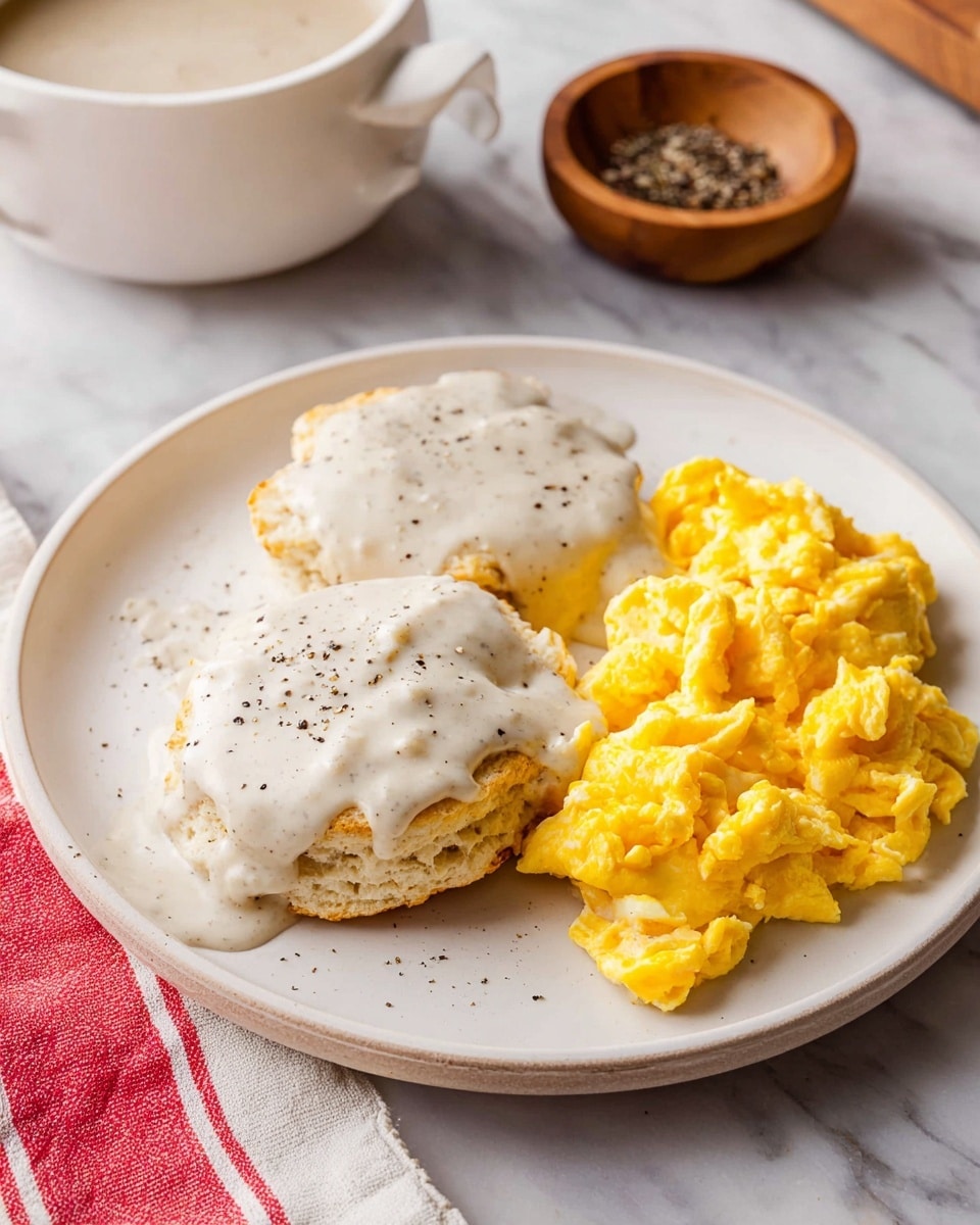A white plate holds two biscuit halves at the left side, each topped with a thick layer of smooth white gravy speckled with black pepper; the biscuits are golden and flaky, slightly visible under the gravy. On the right side of the plate is a fluffy pile of yellow scrambled eggs with soft white streaks mixed in, showing a moist texture. The plate sits on a white marbled surface with a red-striped white cloth partially visible in the bottom left corner. In the background, there is a white bowl filled with gravy and a small wooden bowl with black pepper. photo taken with an iphone --ar 4:5 --v 7