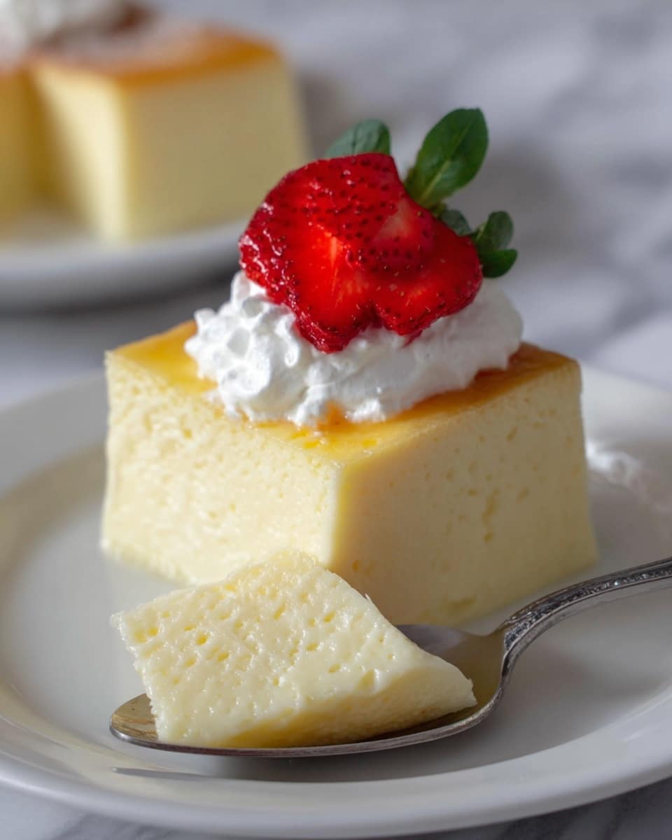 A clear glass dish holds a smooth, creamy dessert with two visible layers: the bottom layer is thick, white, and soft, while the top layer is a thin, golden-brown caramelized crust sprinkled with tiny dark specks, slightly glossy and cracked into squares. The dish is placed on a cloth with a checkered pattern, set on a white marbled surface. Photo taken with an iphone --ar 4:5 --v 7