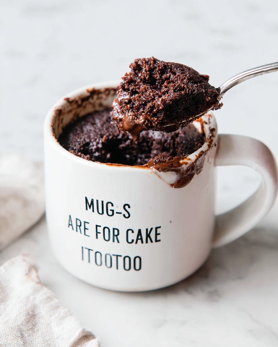 A white mug filled with dark brown, rich chocolate mug cake that looks moist and crumbly, with melted chocolate on top creating a glossy texture in the middle layer; a metal spoon is placed inside the mug, partially covered in cake. The mug sits on a white marbled surface with three small gold measuring spoons and scattered chocolate chips beside it. photo taken with an iphone --ar 4:5 --v 7