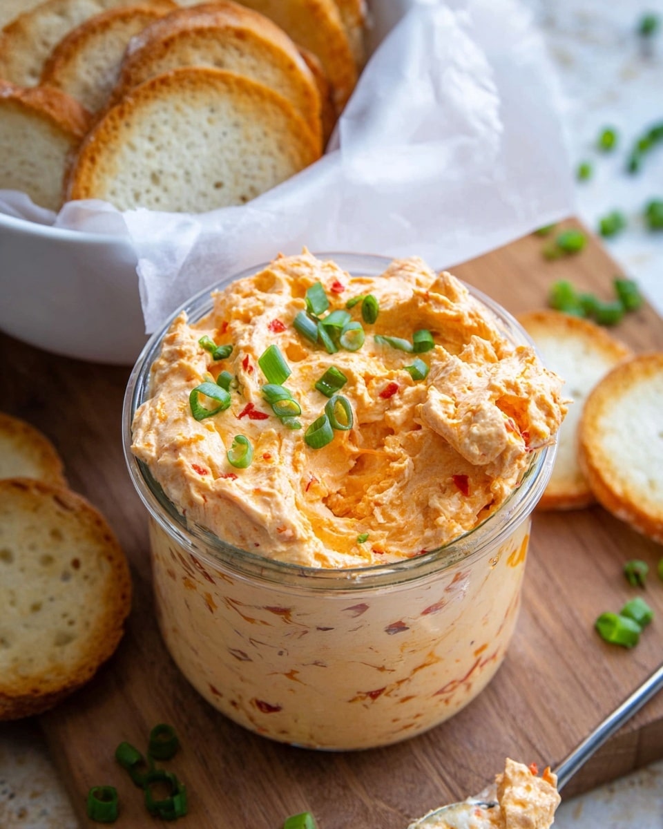 A clear glass jar filled with a creamy orange spread mixed with small red and green bits, topped with a few pieces of chopped green onion. The spread has a whipped texture with some swirls and a small indentation on one side. In the background, there is a white bowl lined with white paper holding many slices of toasted bread rounds, along with some toasted bread slices scattered on the white marbled surface. A wooden spoon with some spread on it lies next to the jar. photo taken with an iphone --ar 4:5 --v 7