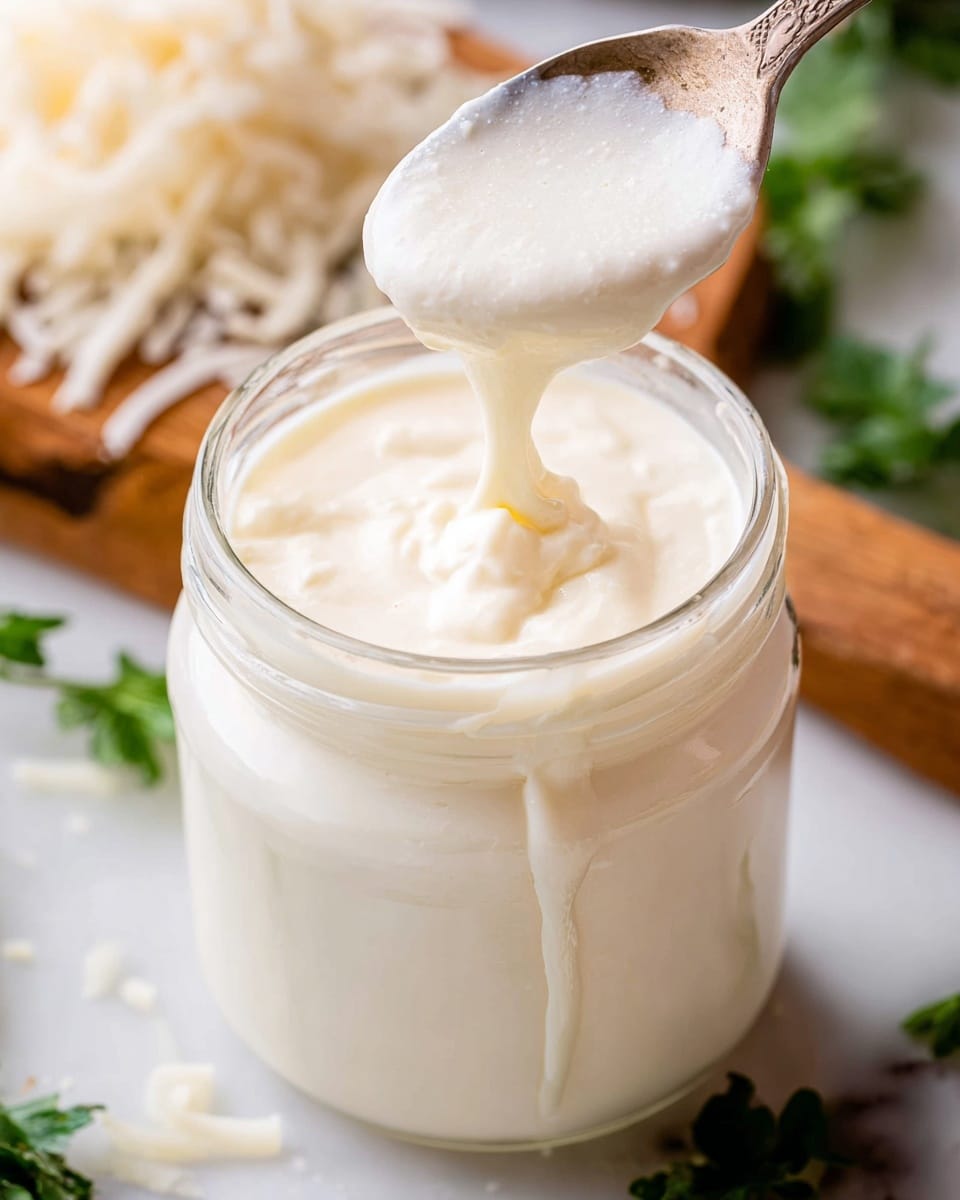 A close-up view of a clear glass jar filled with thick, creamy white sauce. A large spoon covered with the sauce is dipped inside the jar and lifted slightly above, causing thick sauce to drip down the side of the jar. The background features blurred green herbs on one side and some shredded white coconut or cheese pieces on a wooden board on the other side, all on a white marbled surface. The sauce looks smooth and rich, with a slightly glossy texture. Photo taken with an iphone --ar 4:5 --v 7