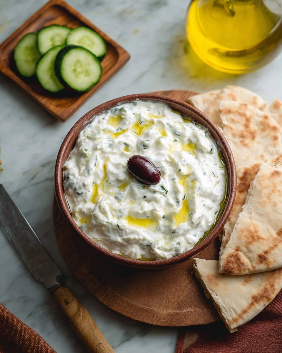 A close-up view of a thick, creamy white dip with visible small green herb bits, served in a round, brown clay bowl. The dip has a small pool of golden olive oil drizzled on top and a single shiny dark brown olive placed in the middle. A piece of light brown, spongy flatbread is dipped halfway into the dip, resting at the back edge of the bowl. The bowl sits on a round wooden board, set against a white marbled background. Photo taken with an iphone --ar 4:5 --v 7