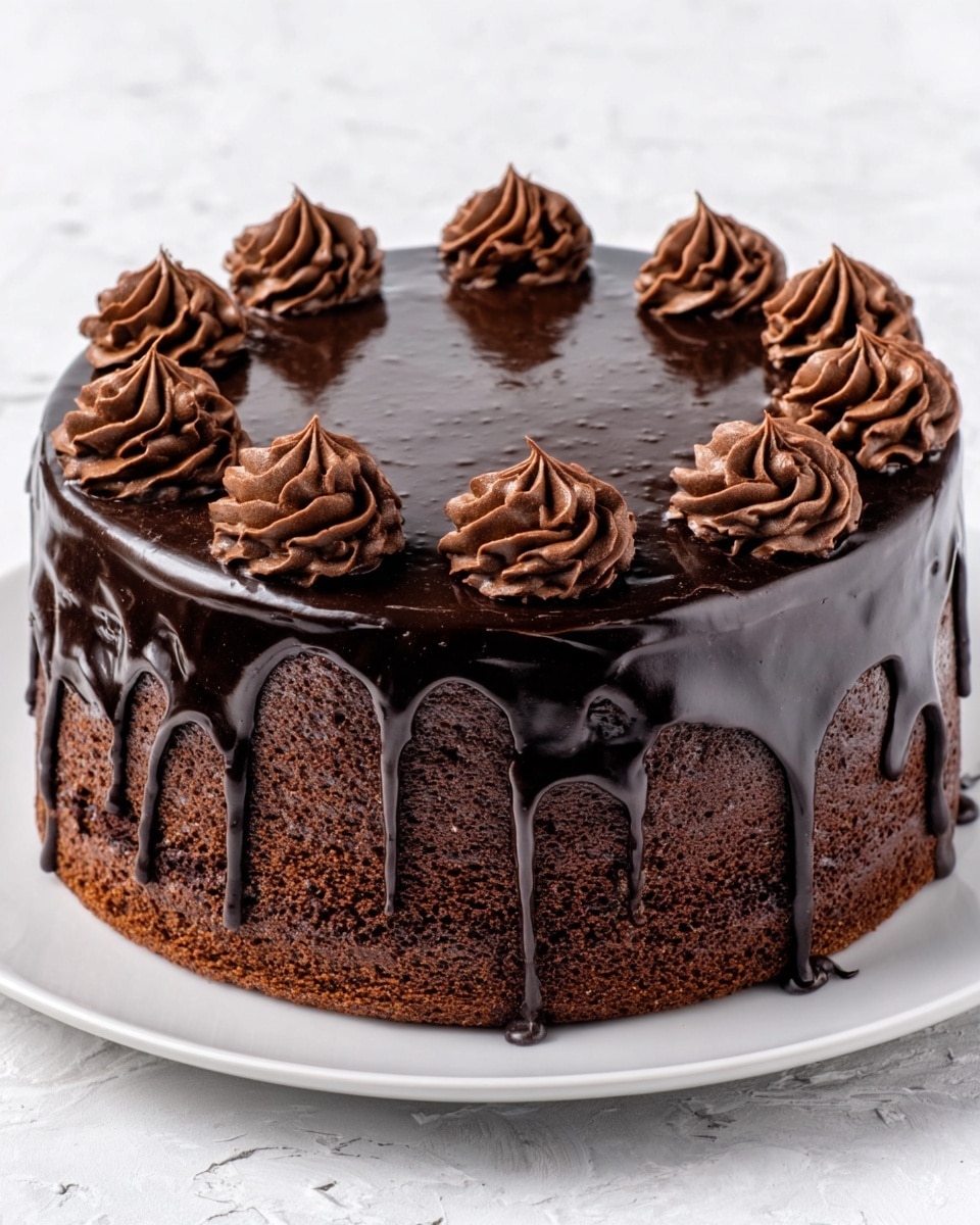 The image shows a single-layer chocolate cake with a smooth, shiny dark chocolate glaze dripping down the sides. On top of the cake, there are evenly spaced swirls of whipped chocolate cream in a circle near the edge. The cake base is a rich, dark brown with a soft and moist texture. The cake is placed on a white plate, set against a white marbled textured background. Photo taken with an iphone --ar 4:5 --v 7