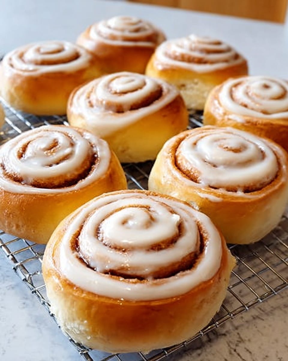 The image shows eight cinnamon rolls on a wire cooling rack placed on a white marbled surface. Each cinnamon roll has a golden brown outer layer with a smooth spiral pattern of light brown cinnamon filling inside. The top of each roll is covered with a thick, creamy white icing that follows the spiral shape, with a slightly glossy texture. The rolls appear soft and fluffy with shiny crust details. The background and setting are bright, focusing attention on the fresh baked goods. Photo taken with an iphone --ar 4:5 --v 7
