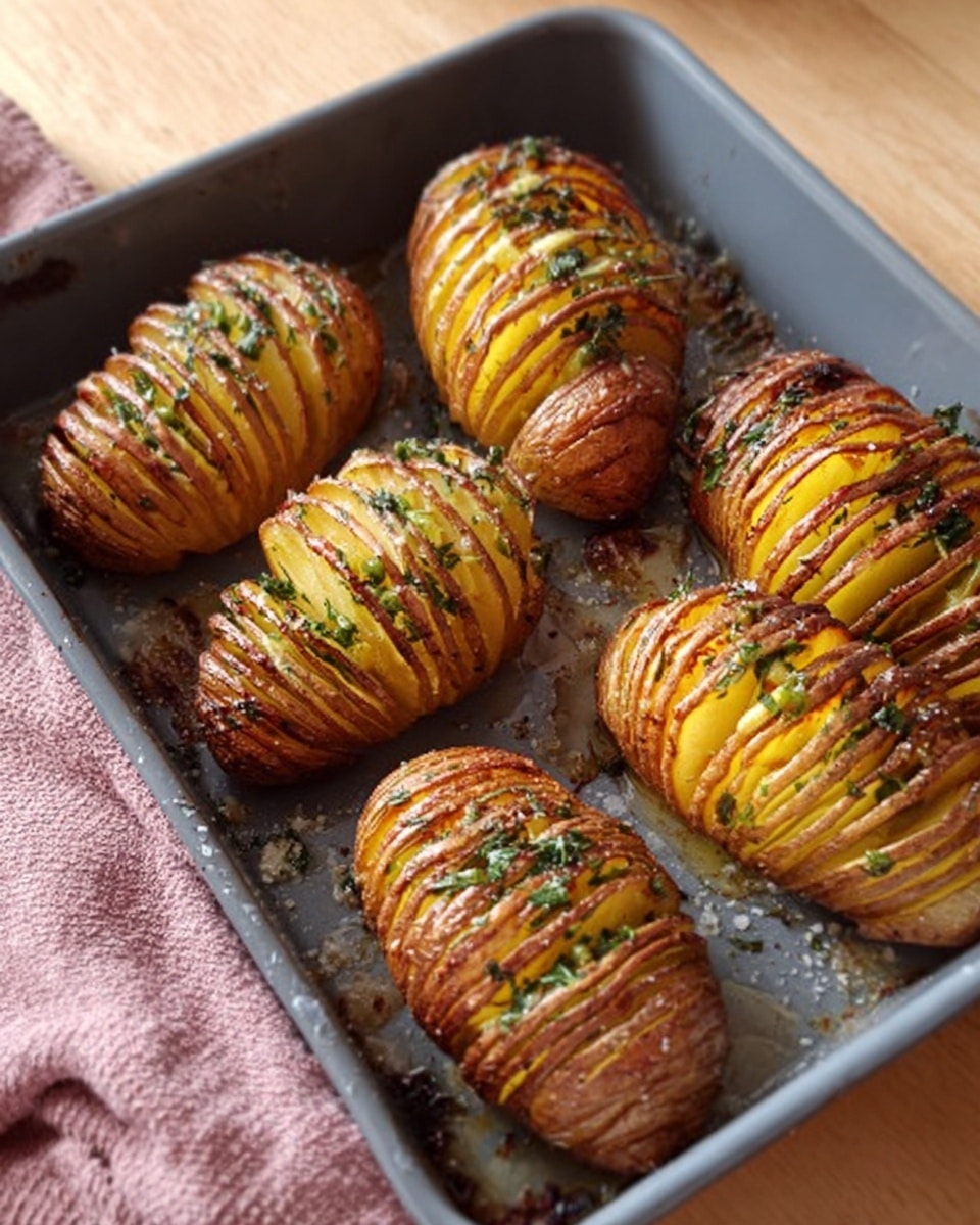 The image shows a white rectangular baking tray filled with eight golden-brown Hasselback potatoes. Each potato is sliced thinly along its length, creating multiple, even layers that fan out slightly. The crispy potato skin is textured with grill marks and a slight shine, hinting at butter or oil. Small bits of chopped green herbs, likely parsley, are sprinkled over the top along with a light dusting of black pepper. The tray sits on a white marbled surface with a pink cloth partially visible on one side. Photo taken with an iphone --ar 4:5 --v 7