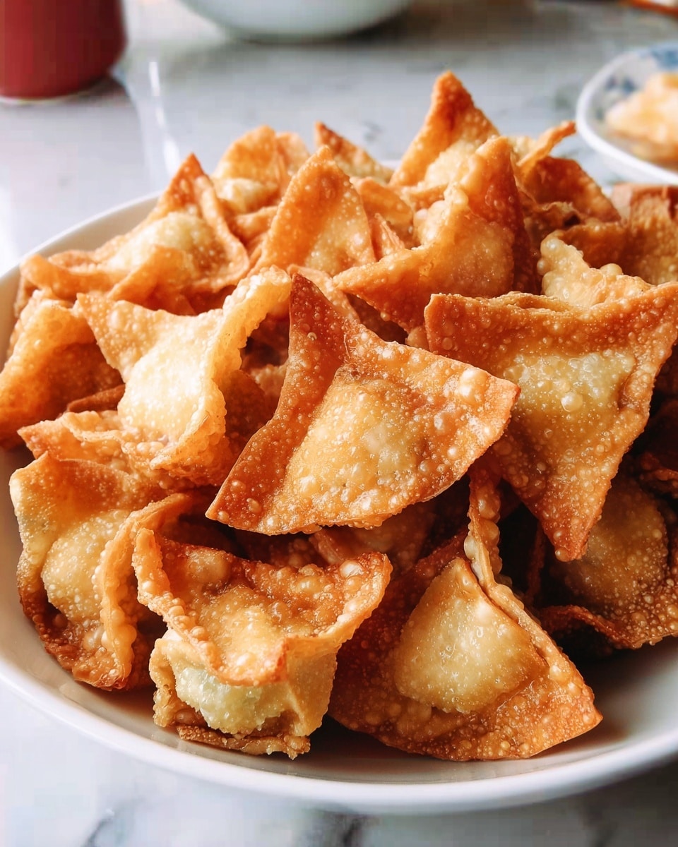 A white bowl filled with many small, golden brown fried wontons, each with a crispy, bubbly texture and triangular shapes. The wontons are piled high, showing their uneven, crunchy edges and slightly oily sheen. The background has a soft focus with a white marbled texture and a hint of a red object blurred behind. photo taken with an iphone --ar 4:5 --v 7