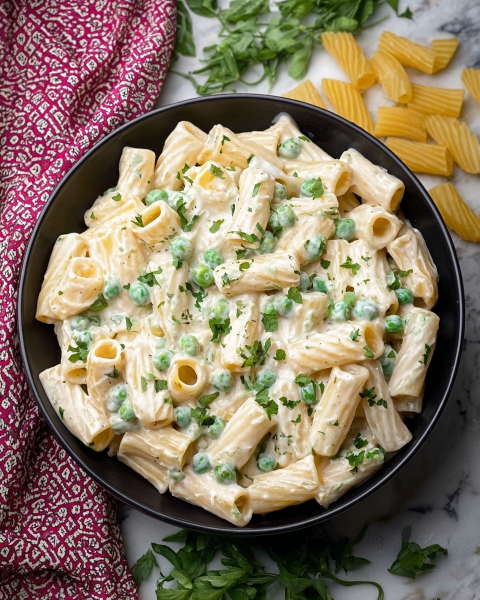 A close-up of a white bowl filled with rigatoni pasta coated in a creamy white sauce mixed with green peas and fresh green herbs sprinkled on top. The rigatoni pieces are arranged randomly, showing their ridged texture and hollow centers with sauce inside some holes. The bowl sits on a surface with a white marbled texture, garnished with fresh green herbs scattered around it. In the background, on the upper left side, there is a red and white cloth partially visible. Photo taken with an iphone --ar 4:5 --v 7