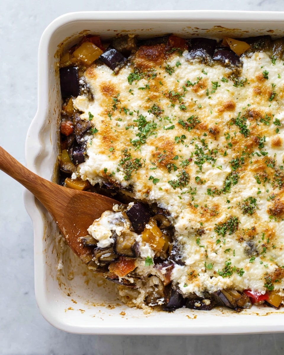 A white rectangular baking dish filled with a cooked layered casserole. The bottom layers are chunks of dark purple eggplant and pieces of yellow and red vegetables, all mixed and soft. On top is a golden, slightly browned melted cheese layer sprinkled with fresh green chopped herbs. A wooden spatula is placed inside the dish, ready for serving. The dish sits on a white marbled surface. photo taken with an iphone --ar 4:5 --v 7