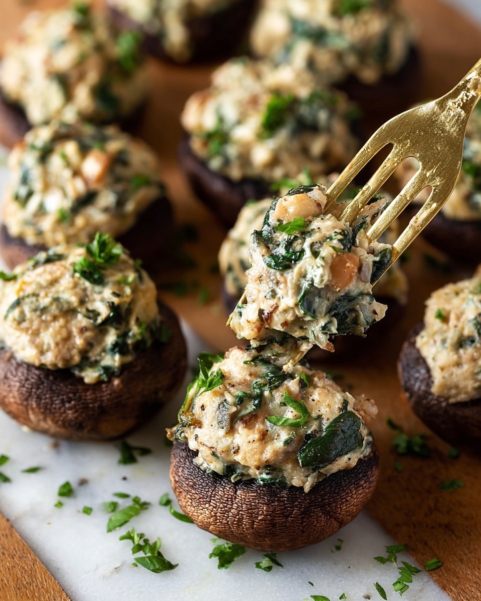 The image shows several dark brown stuffed mushrooms placed closely together on a white marbled surface. Each mushroom has one layer, filled with a creamy mixture that has a pale light tan color with visible green spinach leaves and small beige chunks, possibly mushrooms or nuts. The filling looks soft and slightly textured, overflowing just a bit over the mushroom caps. There are small green herb pieces scattered around the mushrooms, adding freshness to the scene. A pair of golden tongs is holding one stuffed mushroom from the top right, highlighting the creamy filling. Photo taken with an iphone --ar 4:5 --v 7