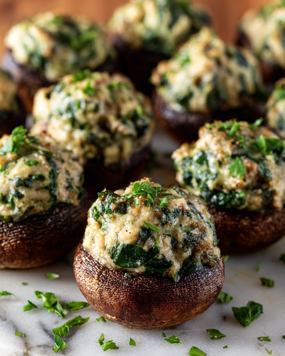 The image shows several stuffed mushrooms arranged closely on a white marbled surface. Each mushroom has one main layer: a dark brown, textured mushroom cap filled with a creamy filling that is light beige mixed with bright green bits of herbs or spinach, creating a slightly chunky and moist texture. The filling is rounded and overflowing slightly from the top of each cap. Small green herb pieces are scattered around the mushrooms on the white marbled surface. The lighting highlights the glossiness of the filling and the natural shine of the mushroom caps, creating a fresh and appetizing look. photo taken with an iphone --ar 4:5 --v 7