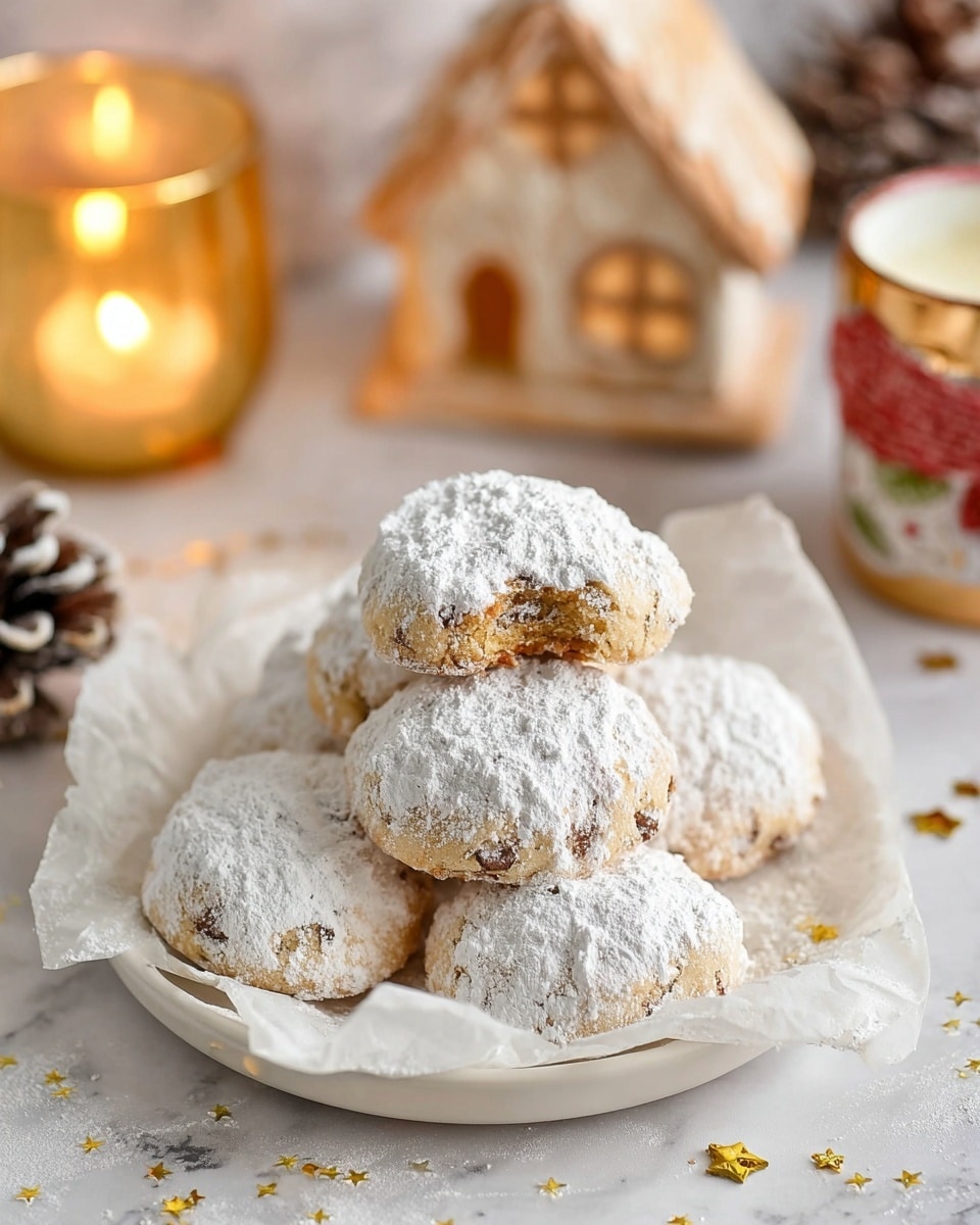 The image shows a white dish filled with several round, soft cookies covered in a generous layer of white powdered sugar. The cookies have a rough texture with visible chunks inside, and one cookie is broken open and placed on top, revealing a crumbly golden inside with whole almonds and nuts embedded. The dish is lined with crumpled white parchment paper, and the setting features a white marbled surface with scattered small golden star decorations. The light gives a warm and cozy feel to the scene. Photo taken with an iphone --ar 4:5 --v 7
