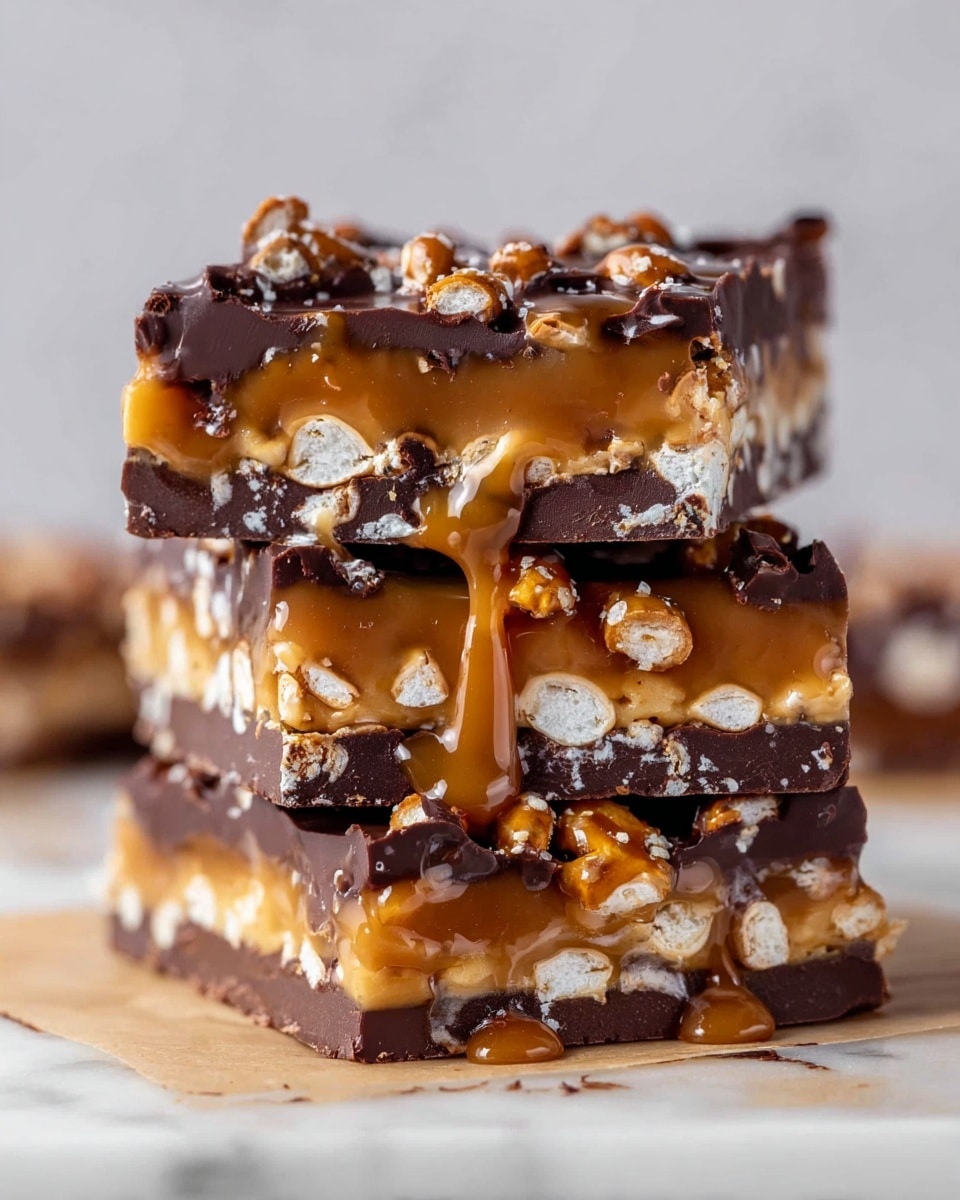 The image shows a stack of three thick bars with three layers each, placed on a white marbled surface. The bottom layer is a dark chocolate base that looks firm and smooth. The middle layer is a thick, gooey caramel with a shiny texture, filled with many small, white, crunchy pretzel pieces evenly spread throughout. The top layer is a dark chocolate coating with irregular shapes melted on and dripping slightly down the sides, enhancing the gooey look of the caramel below. Some of the caramel drips down between the bars, adding an appetizing, sticky detail. Photo taken with an iphone --ar 4:5 --v 7