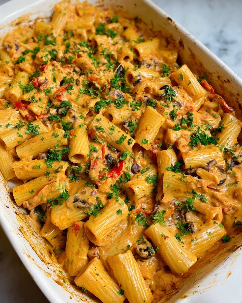 A close-up view of a white ceramic baking dish filled with one layer of rigatoni pasta coated in creamy orange sauce with small pieces of red bell pepper and mushrooms mixed in. The pasta is generously sprinkled with fresh green chopped parsley. The edges of the dish show some sauce residue, and the dish sits on a white marbled surface. photo taken with an iphone --ar 4:5 --v 7