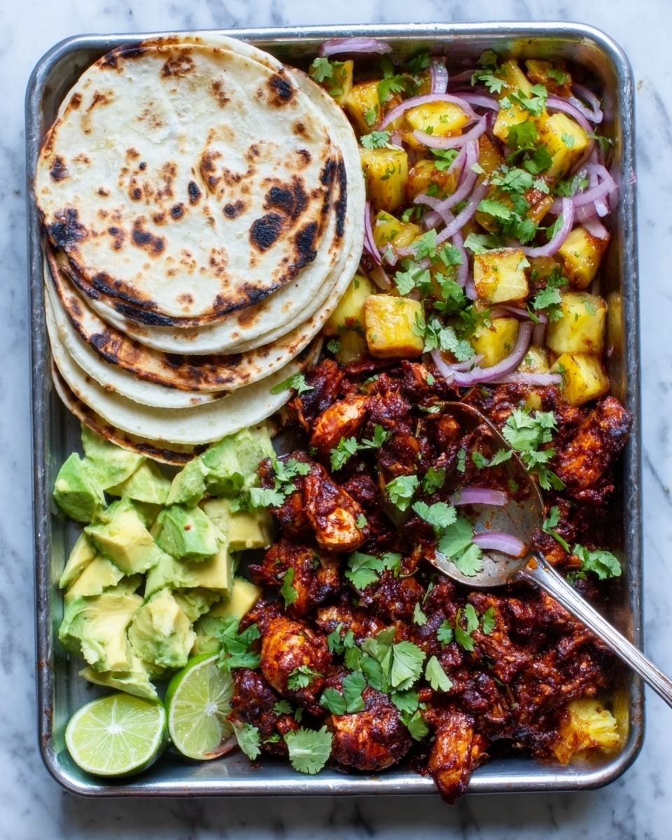The image shows a tray of food with three main sections: on the left, there are soft white tortillas stacked, slightly charred on top; in the middle bottom, chunks of bright green avocado and lime wedges sit closely together; the right side is filled with dark reddish-brown cooked meat mixed with yellow pineapple pieces, topped with fresh green cilantro leaves and thin slices of purple onion. A spoon rests on the right side of the tray, scooping some of the meat mixture. The whole tray is on a white marbled surface. Photo taken with an iphone --ar 4:5 --v 7