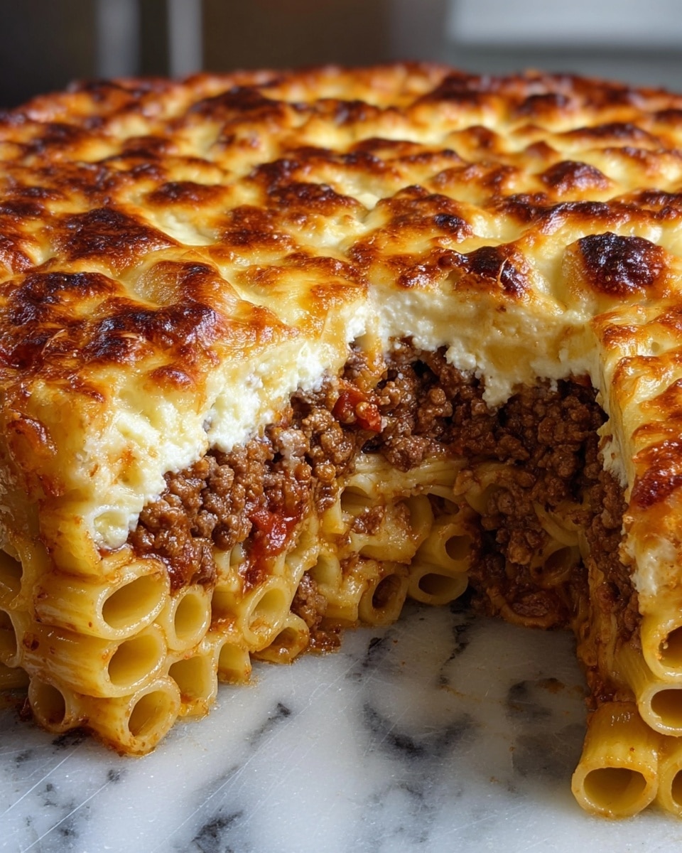 This image shows a thick, round baked pasta dish on a white marbled surface with a section cut out to reveal its inside layers. The top layer is golden brown and bubbly melted cheese with crispy browned spots. Below the cheese is a pale creamy layer of ricotta or a similar white cheese. The middle layer consists of a rich, dark brown cooked ground meat sauce mixed with some red tomato bits. The bottom and the spaces around the meat layer are filled with yellow tubular pasta pieces, all packed tightly together. The dish appears moist and dense, with the pasta looking soft and slightly saucy. Photo taken with an iphone --ar 4:5 --v 7