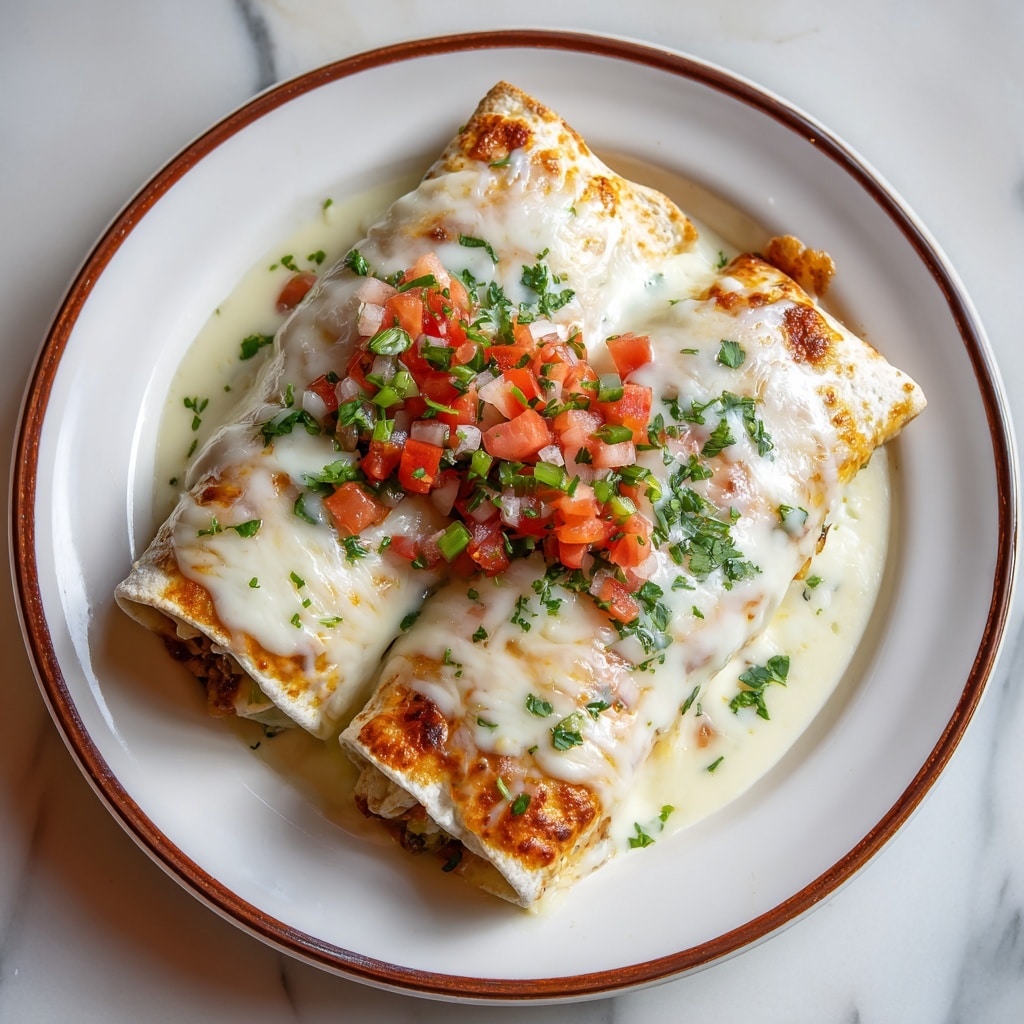 The image shows two rolled crepes on a white plate, covered in a thick, creamy white sauce. The crepes are golden brown with slight crisp edges, and you can see some of the filling inside, which looks like a light-colored chicken or meat mixture. On top of the crepes is a garnish of chopped red tomatoes and green herbs scattered unevenly, adding bright pops of color. The plate sits on a white marbled surface. The photo is close-up, capturing the texture of the creamy sauce and the freshness of the topping. photo taken with an iphone --ar 4:5 --v 7
